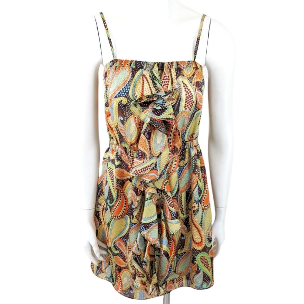 Y2K Satin Ruffle Paisley Sun Dress L NWT Yellow Orange Satin Spaghetti Straps